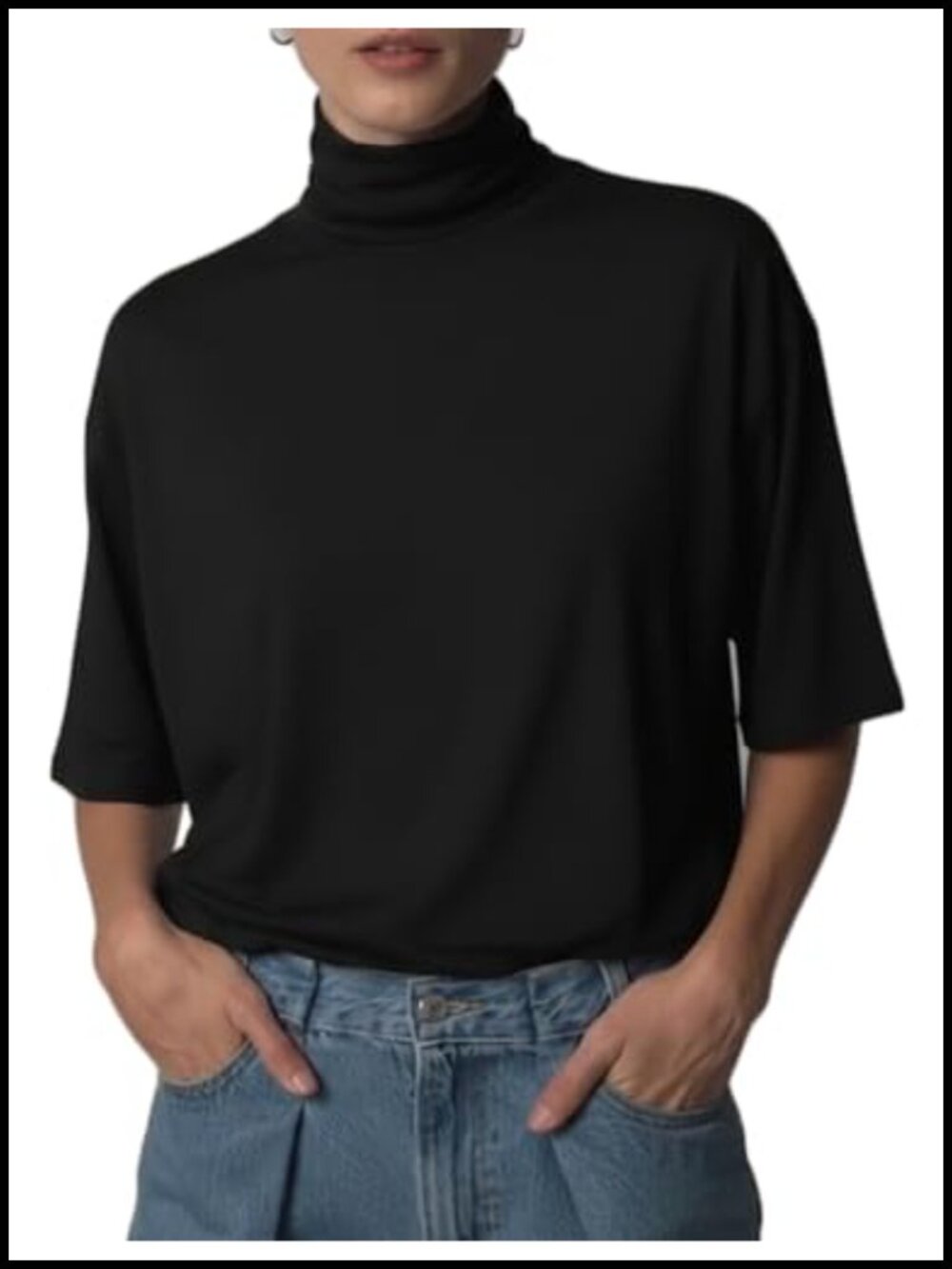 Women's Oversized Turtleneck Top Mock Neck Half Sleeve Pullover Tee